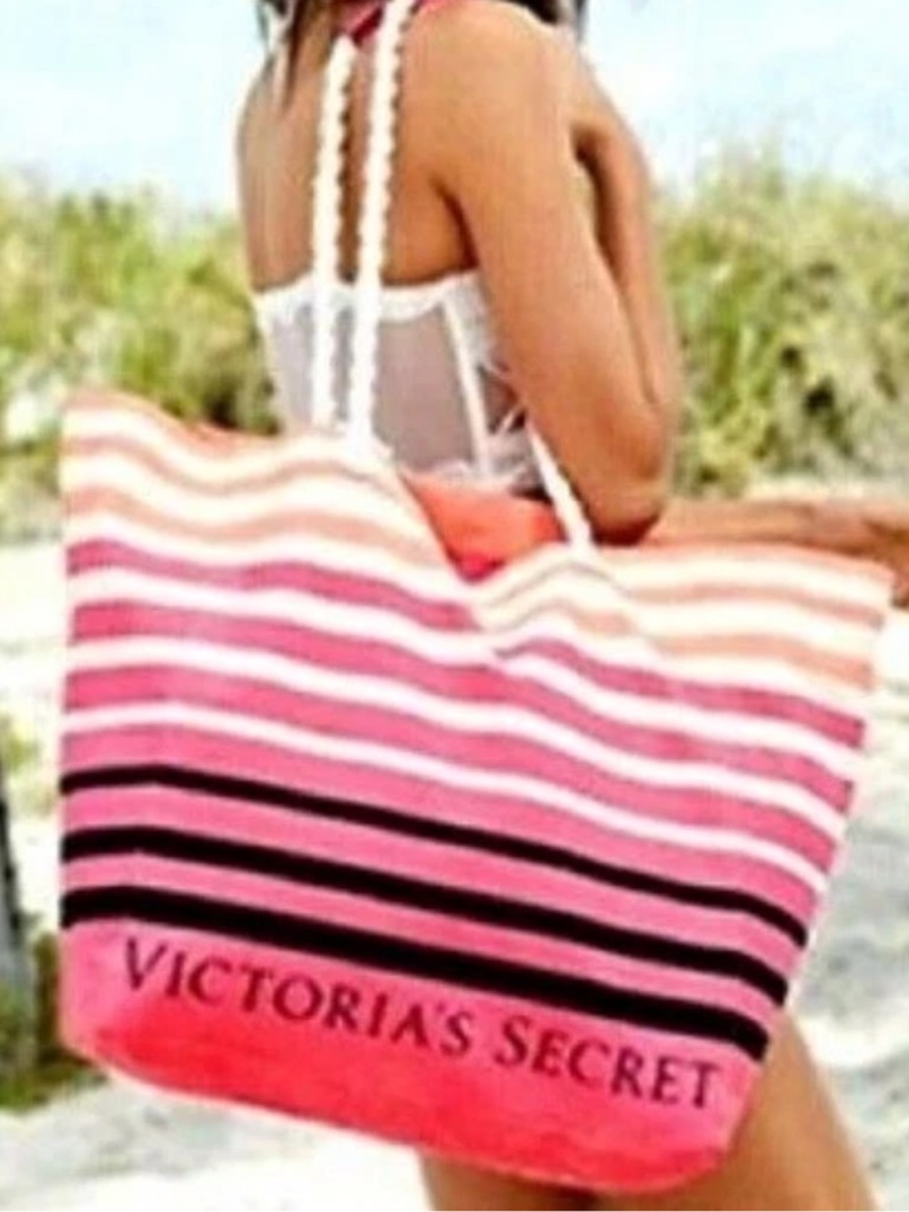 NWT $78 Victoria's Secret Pink and White Striped Canvas Tote - Picture 2 of 10